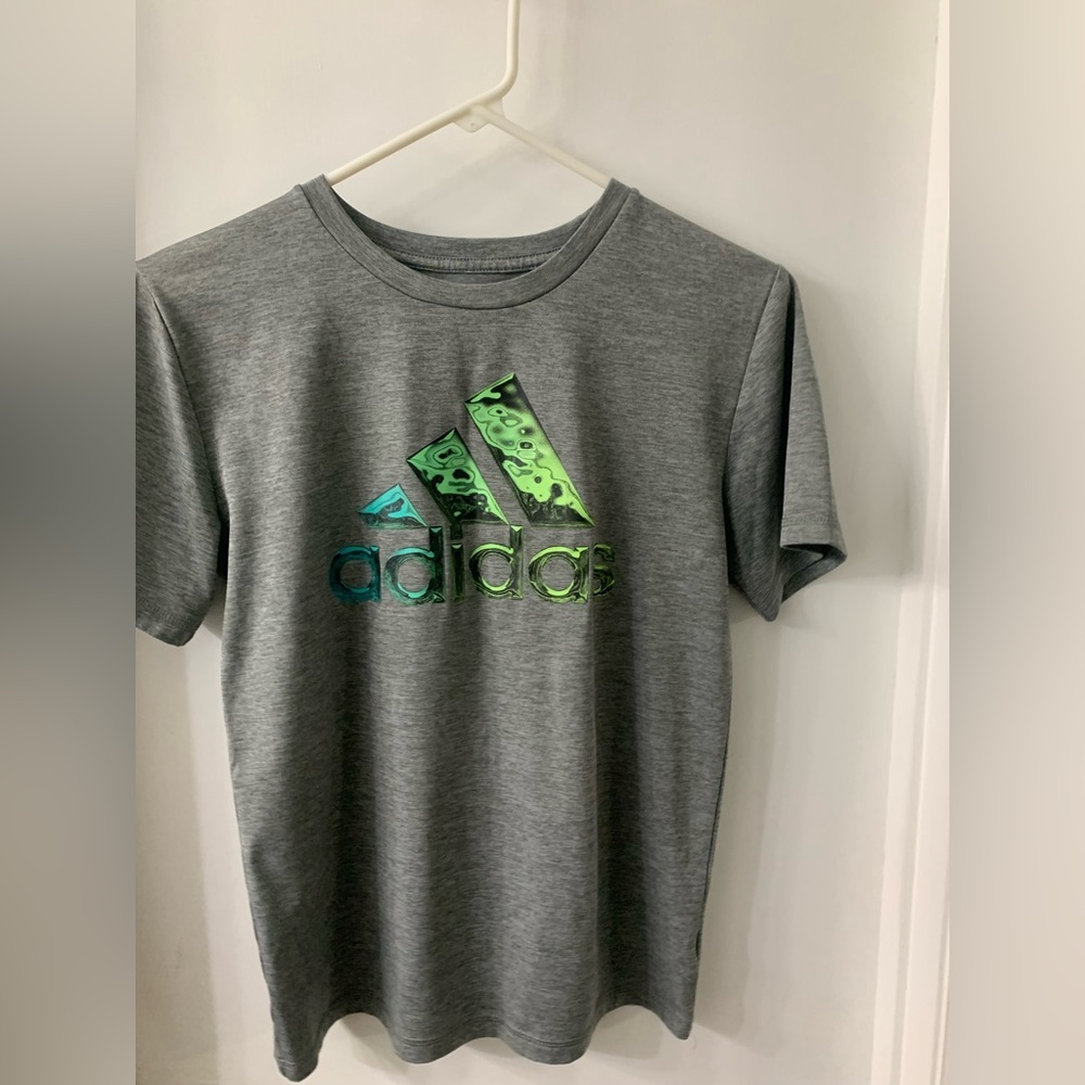 Adidas Boy’s Short Sleeve Tee in Gray with Vibrant Green Logo